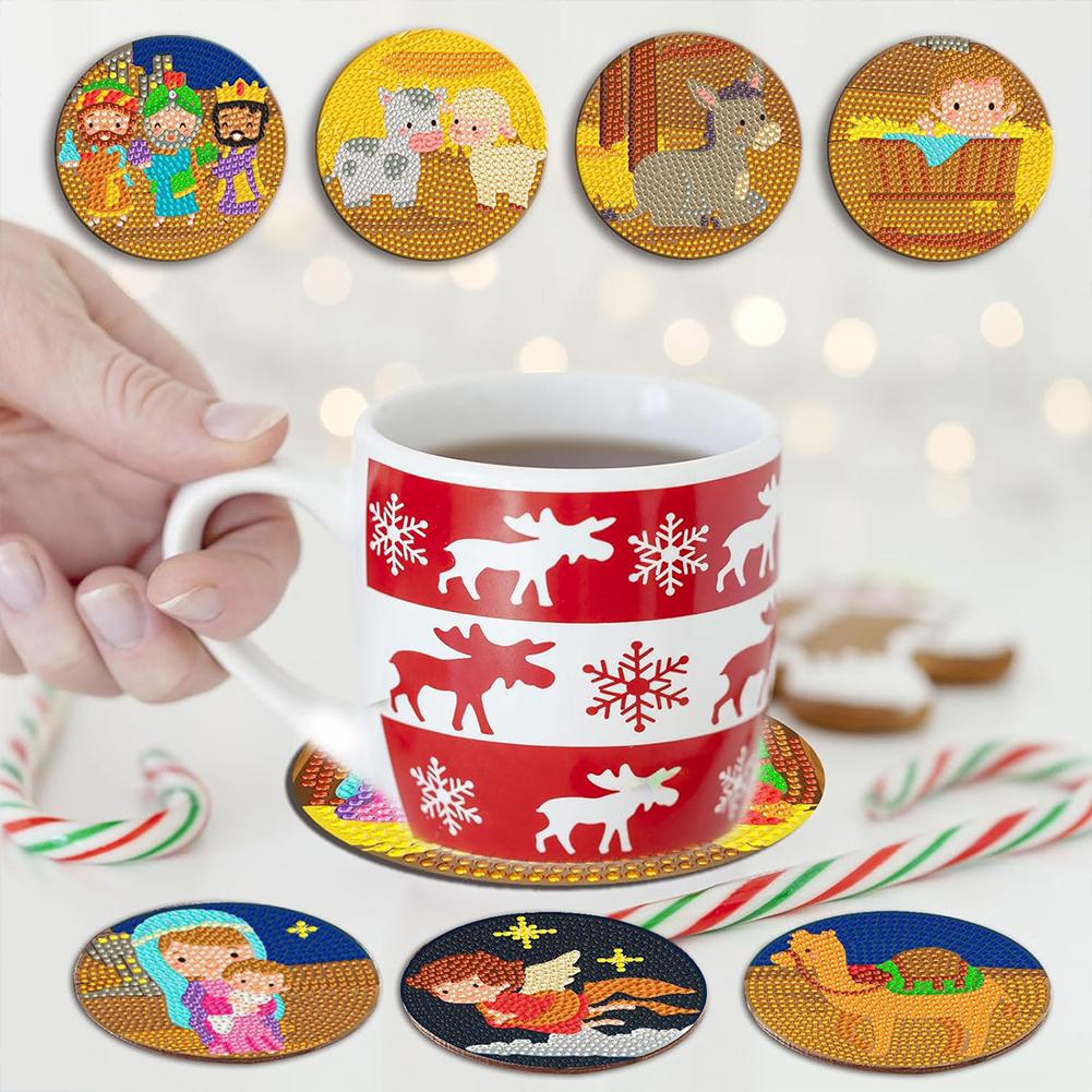 6PCS Special Shape Diamond Painting Crafts Coaster with Holder Crucifix Birth of Jesus for Coffee Table Bar Mugs Glass Cup Beer