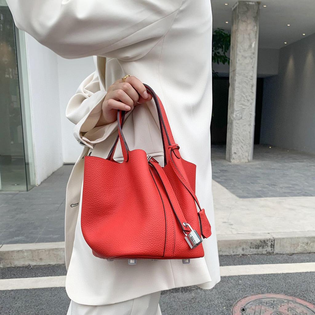 Damenhandtasche Togo-Leder Farbabstimmung Gemüsekorb Große Kapazität Handtasche Rindsleder Litschi-Muster Tasche Damen Kontrastfarbe Handtasche