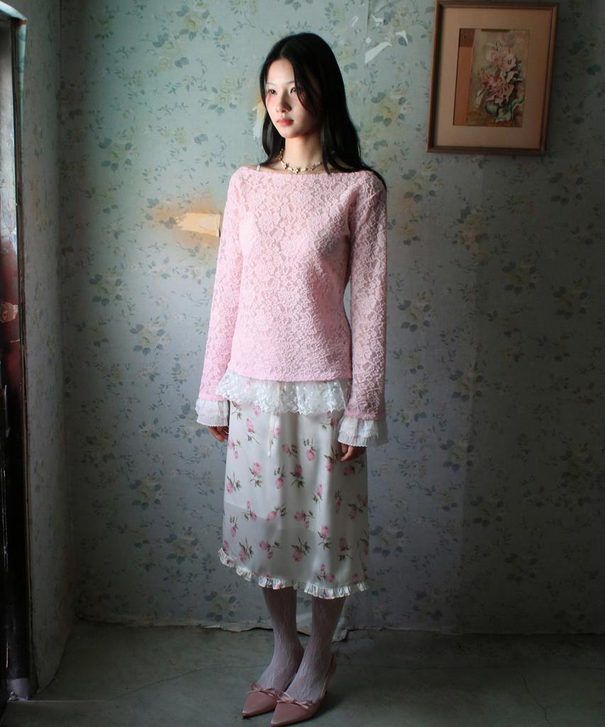 RUBATI Sofia Boat Neck Frill Lace Long Sleeve T-Shirt_Pink
