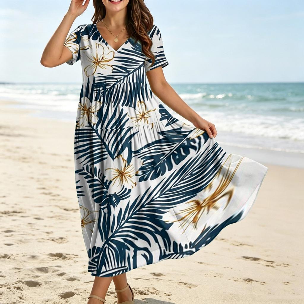 Frauen Casual Lose Bohemian Blumenkleid Kurzarm Lange Maxi Sommer Strand Swing Kleid