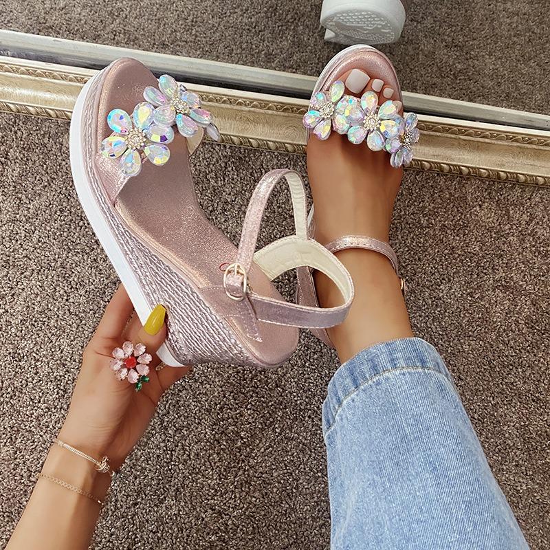 Rhinestone Muffin Wedge Heel Sandals Women's Summer New Beaded Flower Thick Sole One-word Buckle with High-heeled Sandals 3