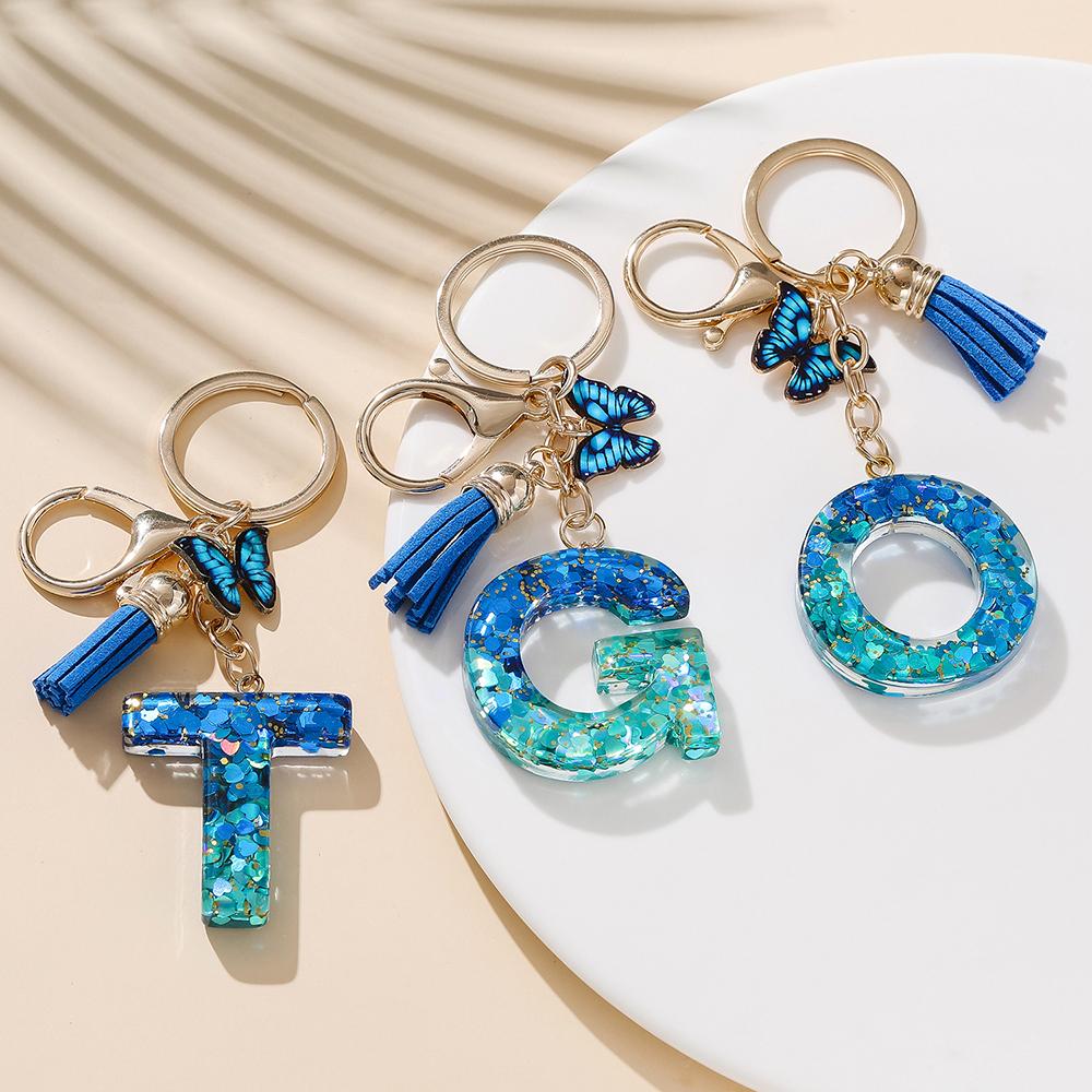 1pc Alloy Alphabet Initial Keychain Royal Blue Butterfly & Tassel Letter Keychain for Backpack Charm Accessory Key Ring Findings