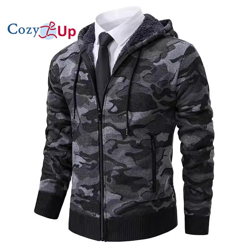 Cozy Up Men's Cardigan Jacket Hooded Sherpa Cashmere Casual Camouflage Thickened Warm