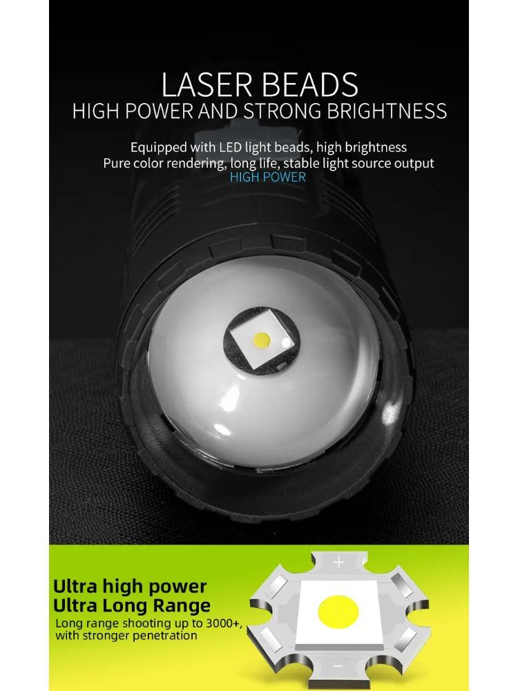 Powerful White Laser Flashlights Telescopic Zoom Tactical Spotlights Rechargeable Outdoor Torch With Tail Light Built-in Battery