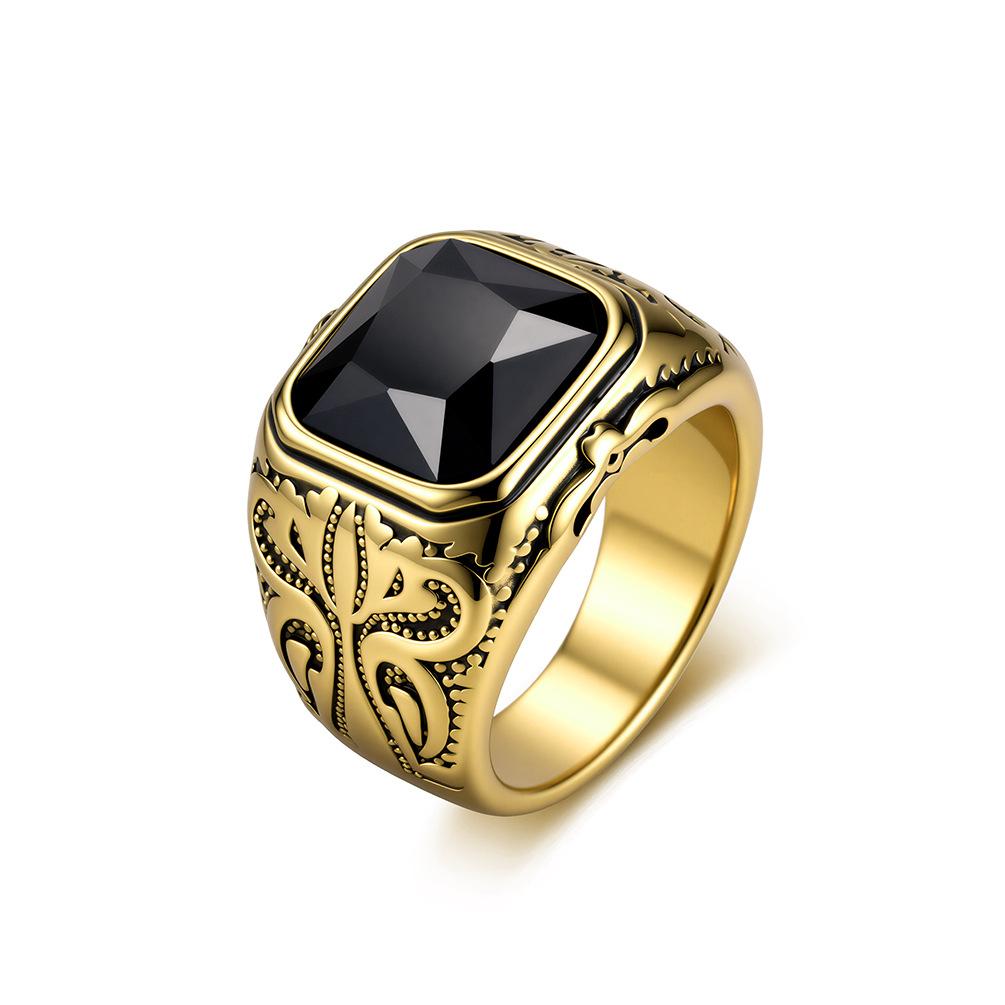 Black Stone Ring Stainless Steel Embossed Pattern for Men Vintage Jewelry