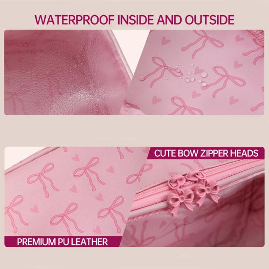 Pink Bow Makeup Bag Portable Cosmetic Pouch with Transparent Window Zippered Travel Cosmetic Organizer for Business Trip Vacation