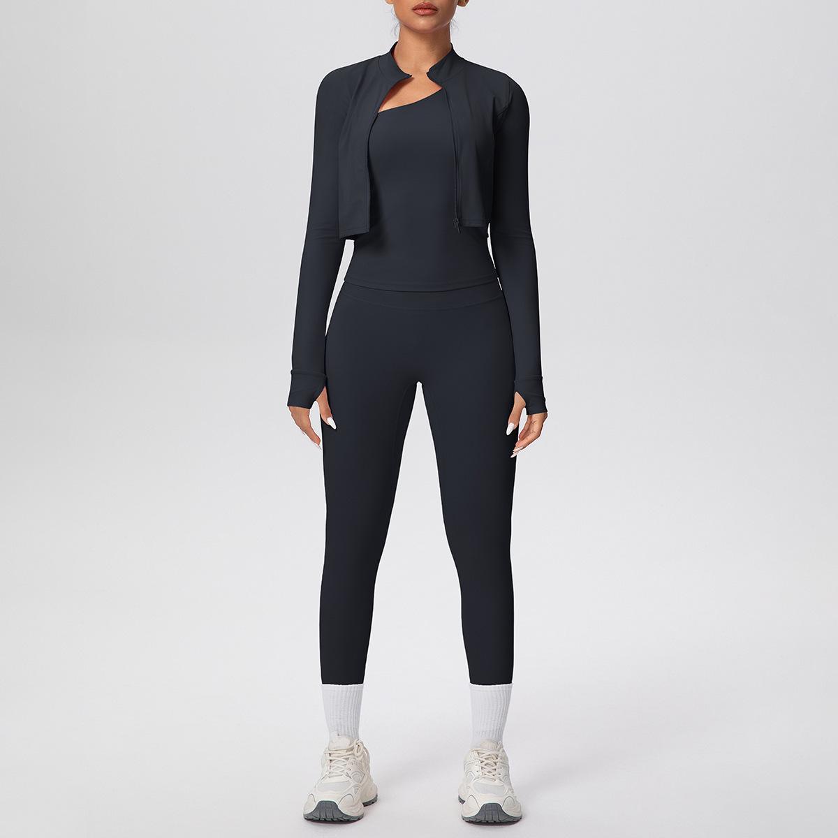 

Asymmetrical One-Shoulder Zipper Jacket & High Waist Yoga Pants Fitness Set Large