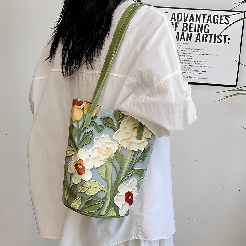 Floral Pattern Canvas Bucket Bag Women'S Shoulder Bag Casual Large Capacity Handbag