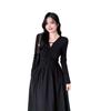 Early Autumn New High-waisted V-neck Black Dress Women's New Korean Version of Fashion Hepburn Style A-word Long Skirt