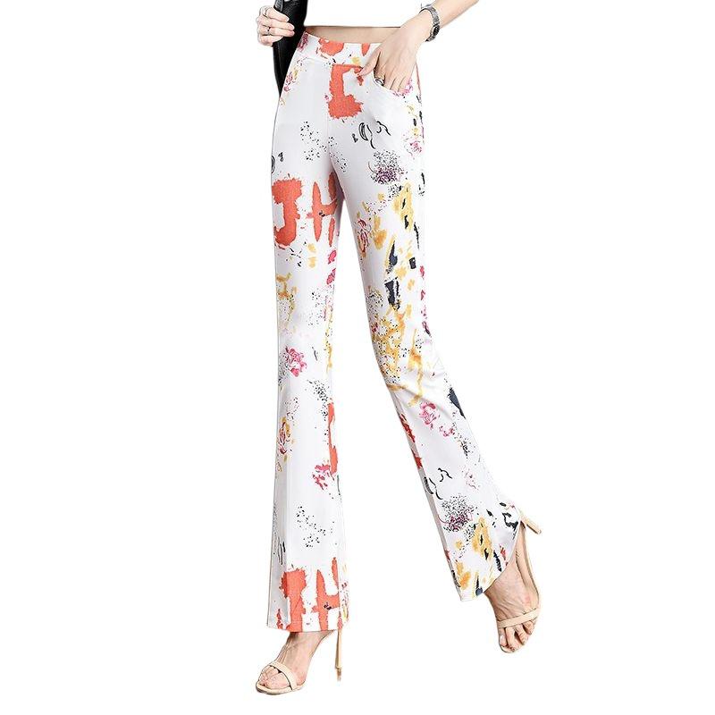 2024 Summer Women's Slimming Stretchy Micro-flare Long Pants with Printed Elastic Waist