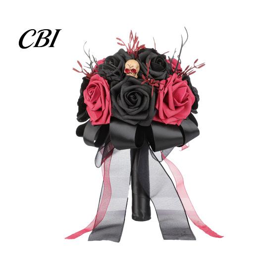 Retro Style Flower Arrangement Gothic Wedding Bride Bouquet, Artificial Black Red Rose Bouquet Party Floral Centerpiece with Skeleton Hand Pumpkin C