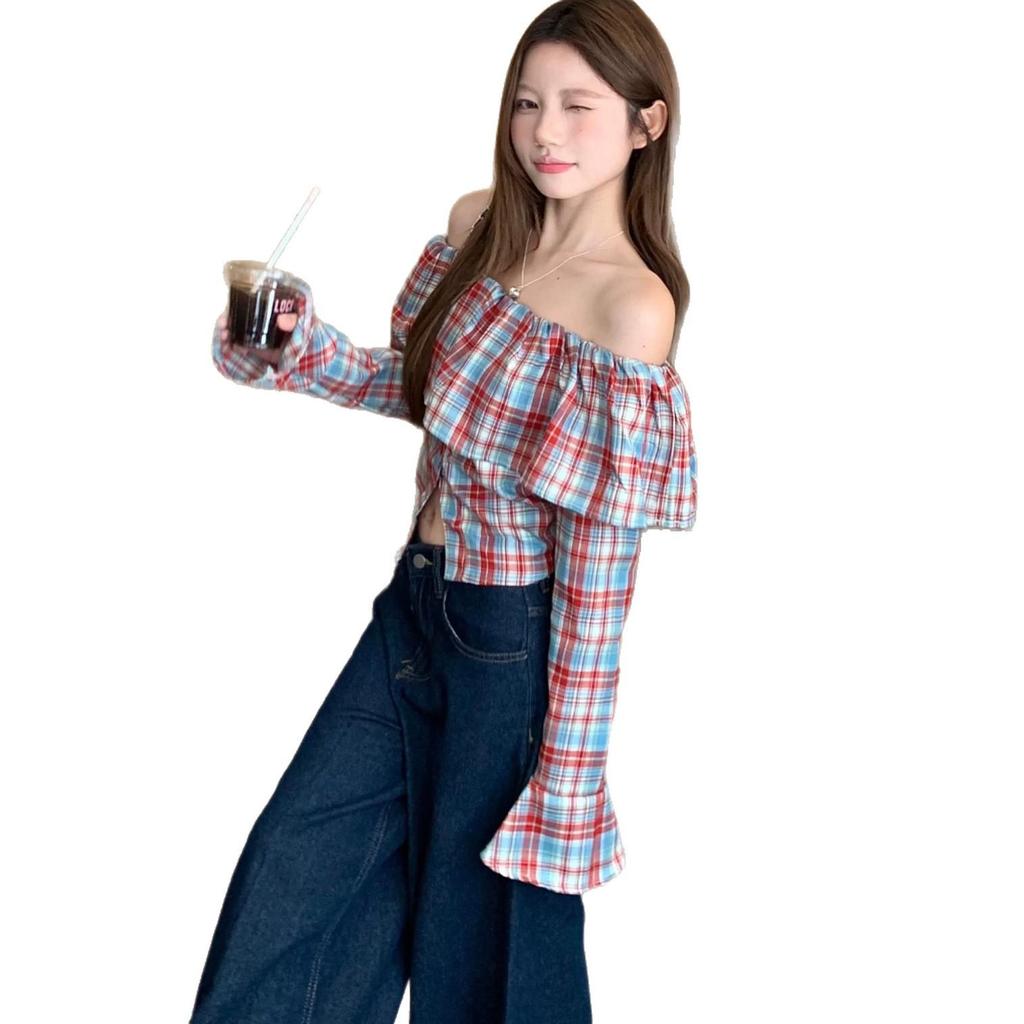 Plus Size Retro Plaid Flared One-Shoulder Top with Long Sleeves