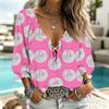 Women's Casual V-Neck Printed 3/4 Sleeve Blouse with Tie Front and Ruffled Trim