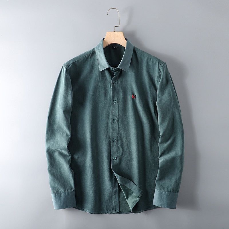 Cattle Goods Peach Skin Fabric Long-Sleeved Casual Export Shirt Green 4XL.