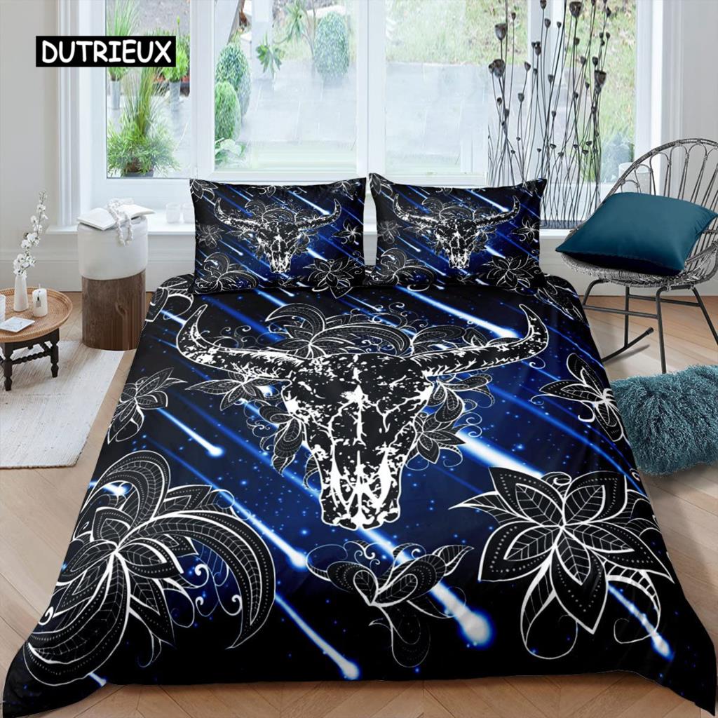 

Пододеяльник с изображением черепа коровы Queen Подсолнух Комплект постельного белья с изображением скелета коровы/быка Ботанический цветочный узор с листьями Бохо Племенной полиэстеровый пододеяльник EU single(135x200cm)