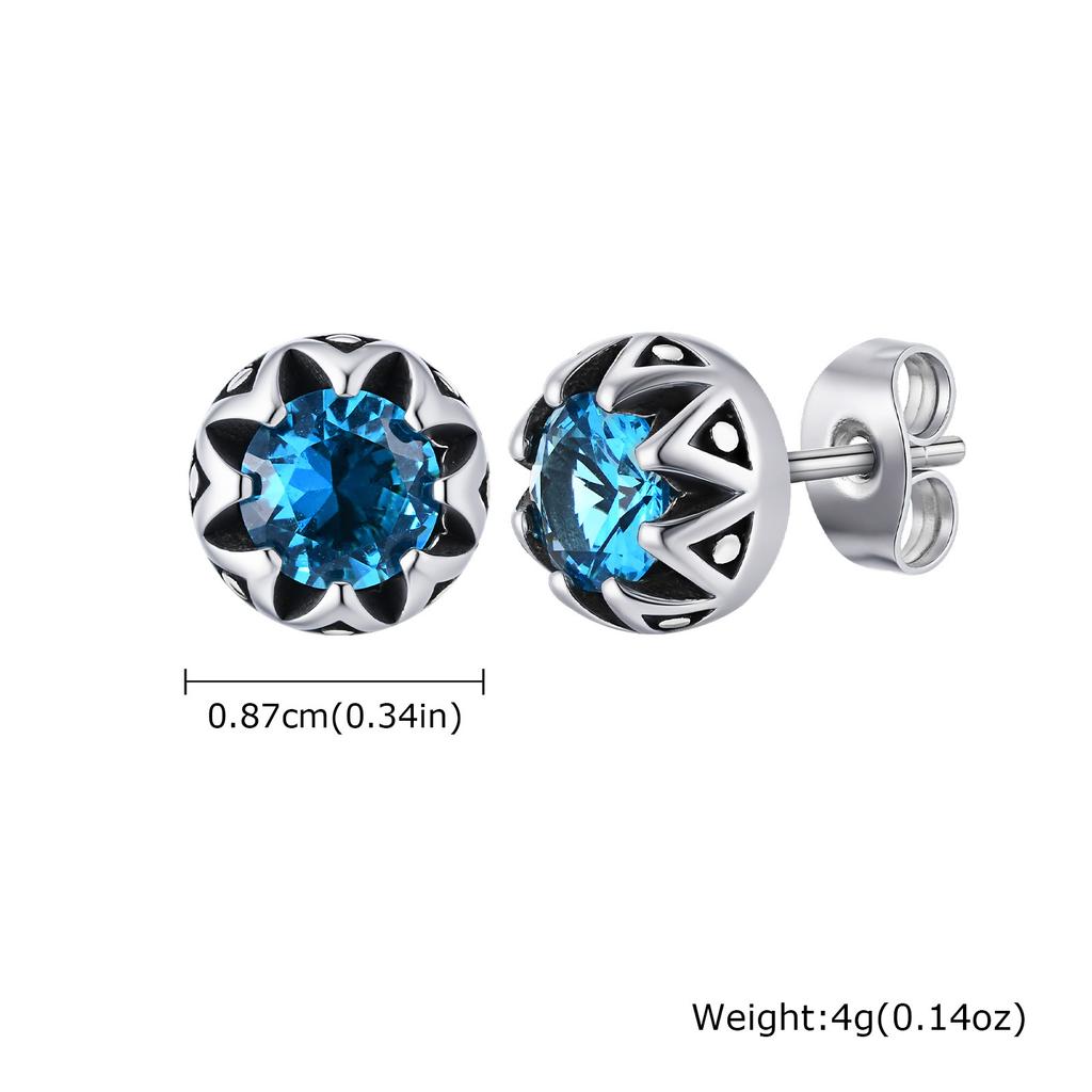 Sea Blue Stud Earring for Men Boys,Hypoallergenic Stainless Steel Round Metal Earrings,Stylish Jewelry Gift