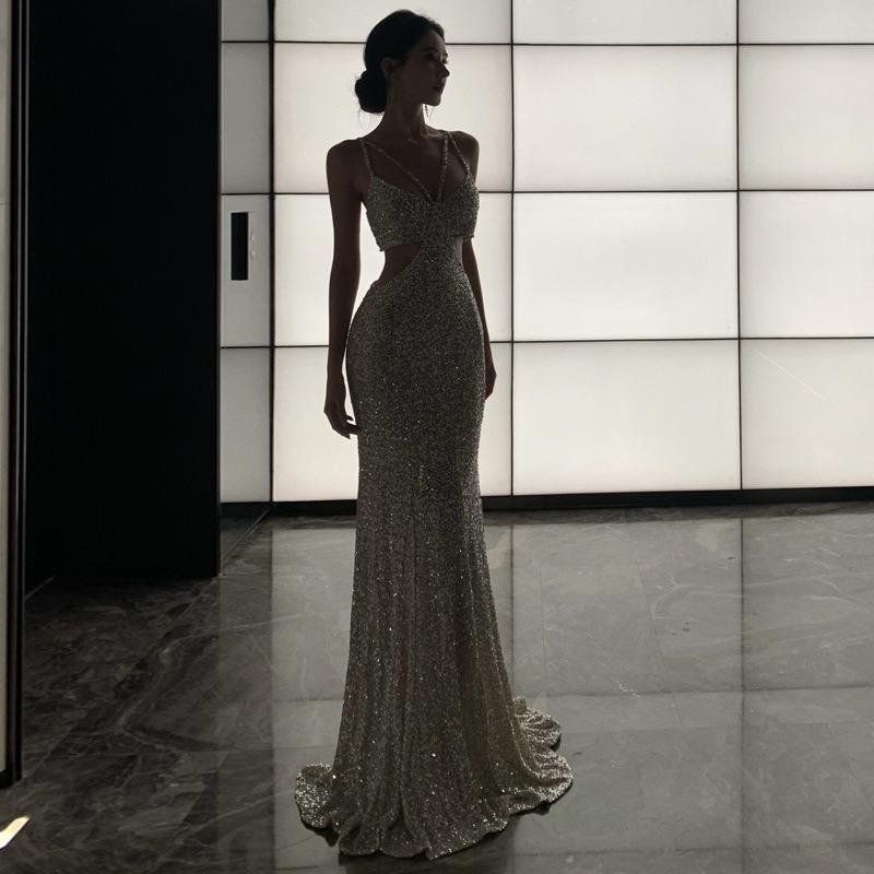 Sexy Evening Dress Women's High-end Heavy Industry Sequined Fishtail Dress Design Waist Dress