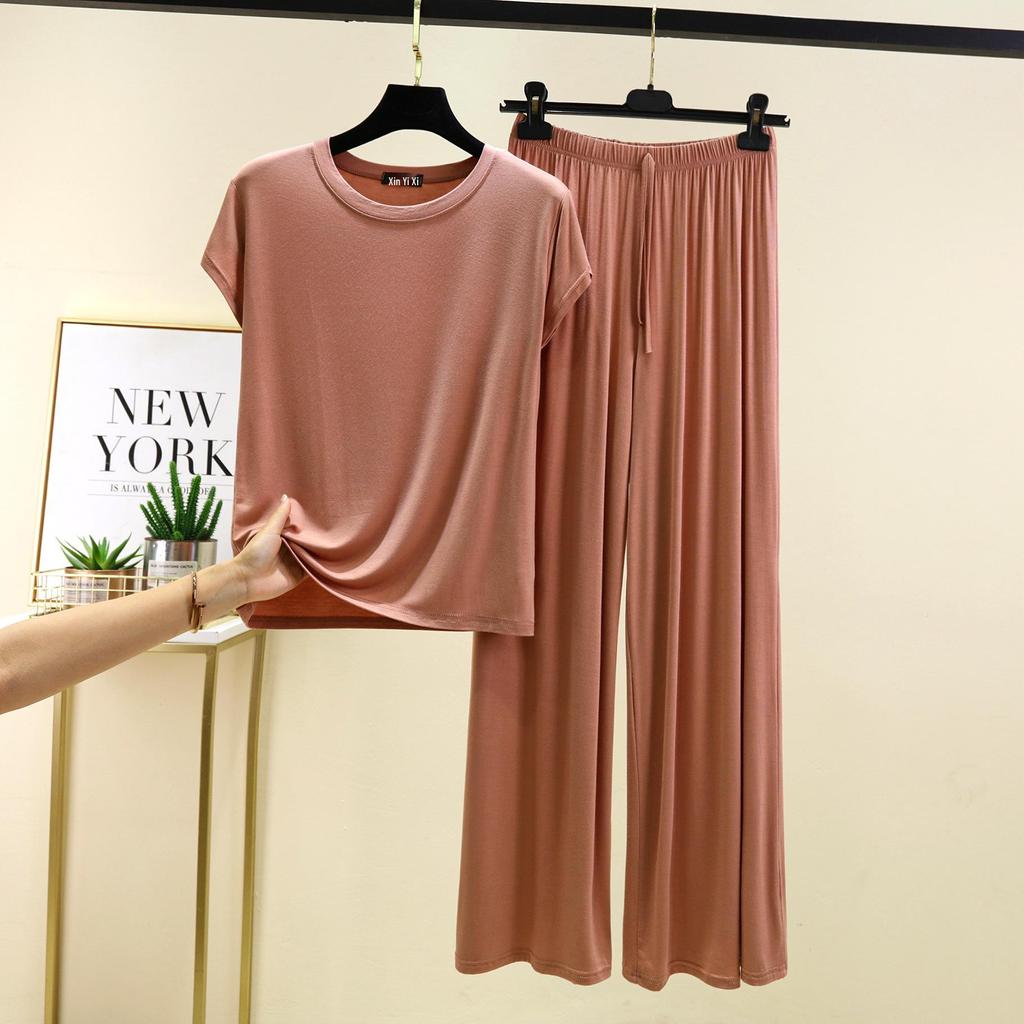 Plus Size Modal Pajama Set: Short Sleeve T-Shirt & Long Casual Pants