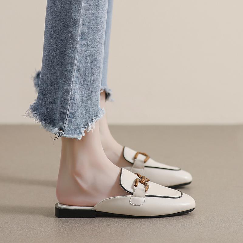 Spring Women 'S New Slippers Flat Square Mule Outdoor Casual Shoes Korean Style Stylish Metal Design Banquet And Office Wear