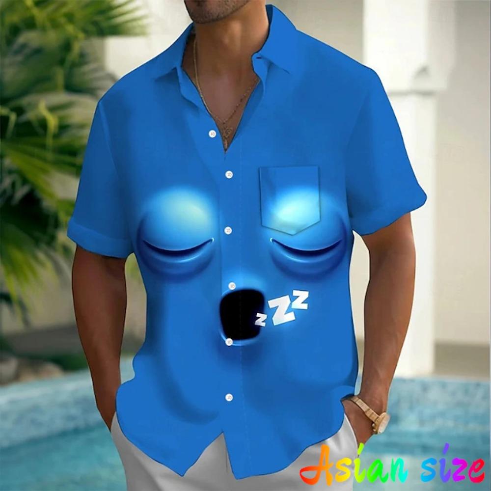 Funny Smiling Face Graphic Hawaiian Anime 3D Print Short Sleeve Blouses for men Vacation Party Lapel Summer