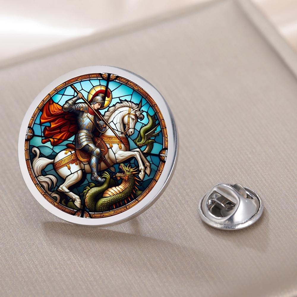Dawapara Saint George Brooch Pray for Us Religious Medal Protection Talisman Lapel Pins Stainless Steel Jewelry