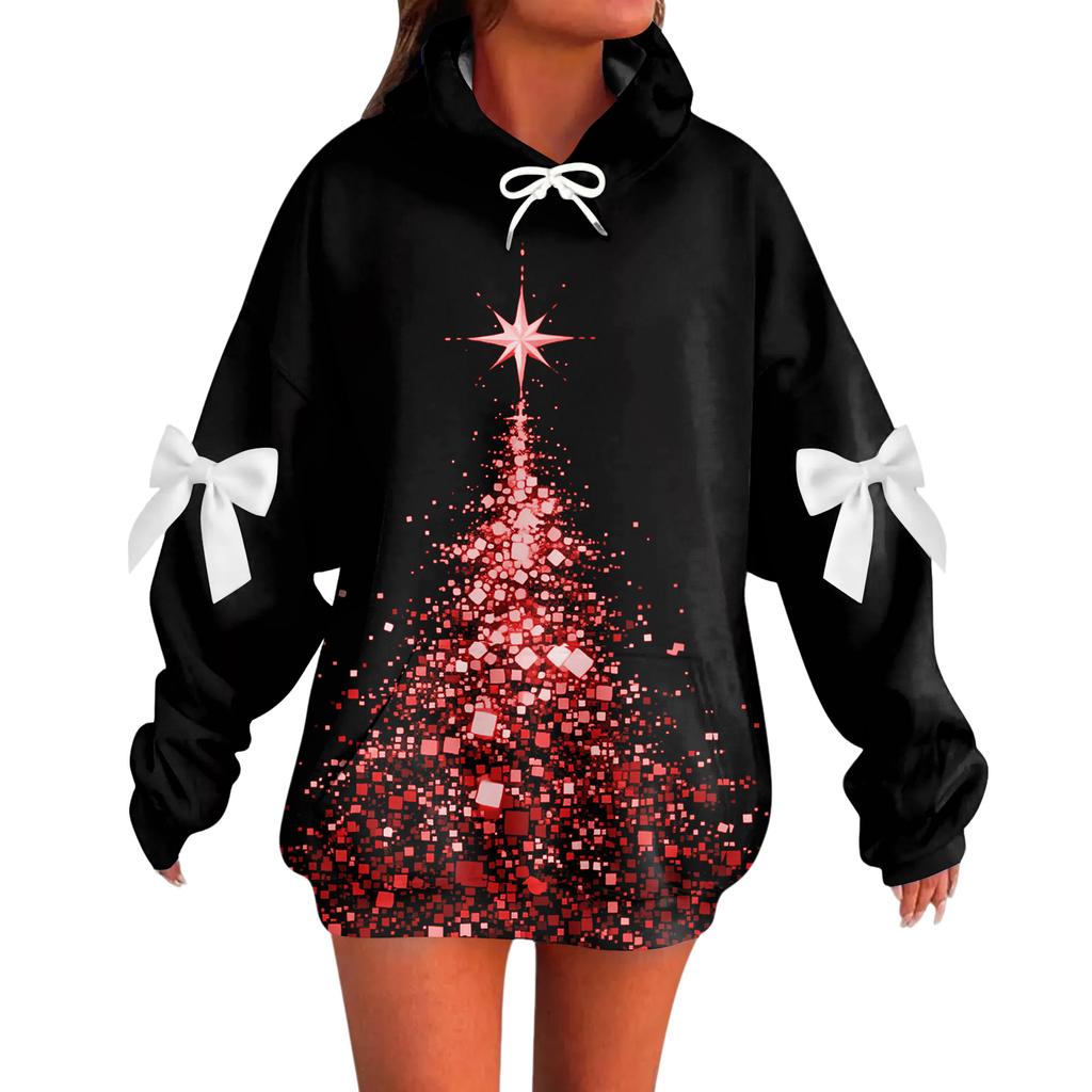 Ladies' Christmas Printed Bow Long Sleeved Loose Fitting Headband With Rope Hooded Sweatshirt Top