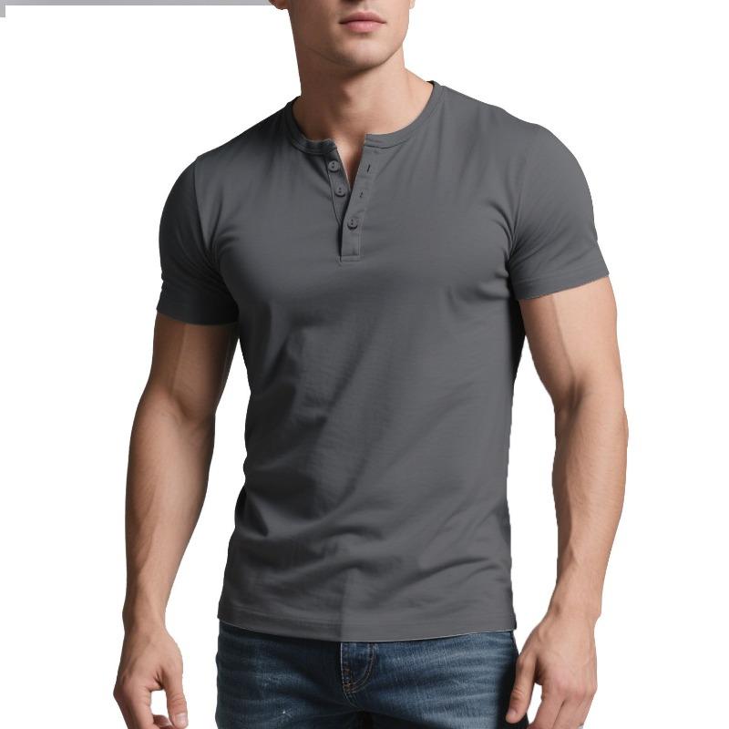 Men Summer Casual Slim Fit Short Sleeve Solid Henley Shirt