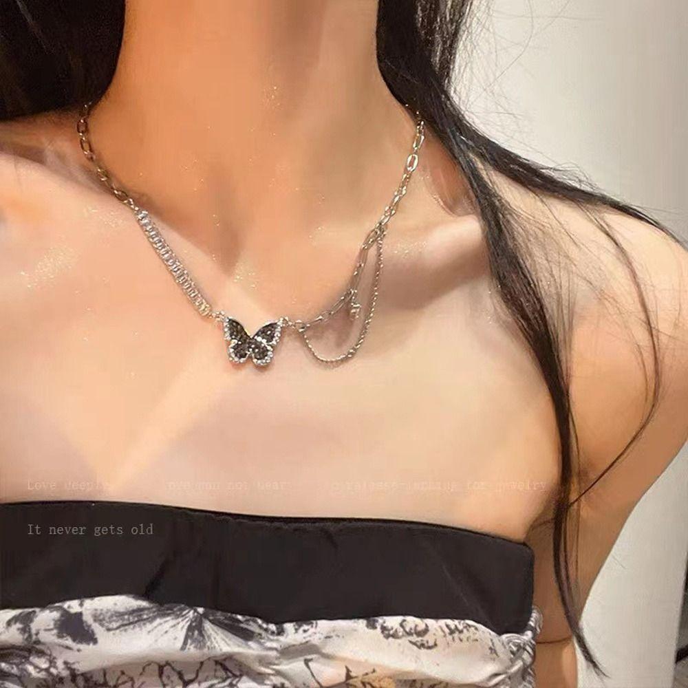 

Stainless Steel Butterfly Pendant Necklace Leather Double Layer Necklace Girl Choker