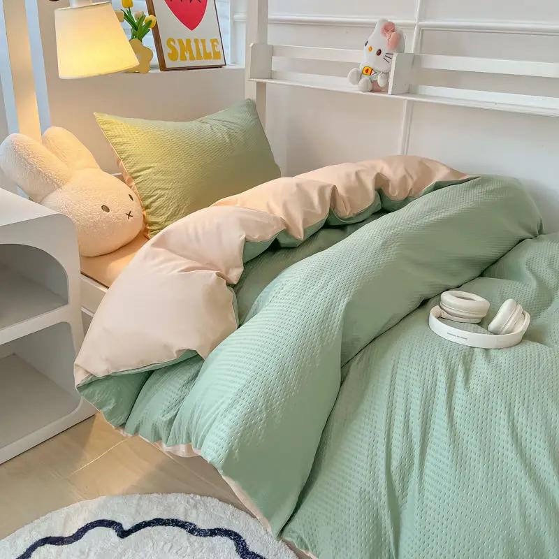 Ins Style Bedding Set Waffle Summer Student Dormitory Duvet Cover Set Bed Sheet Three Piece Set KING Queen