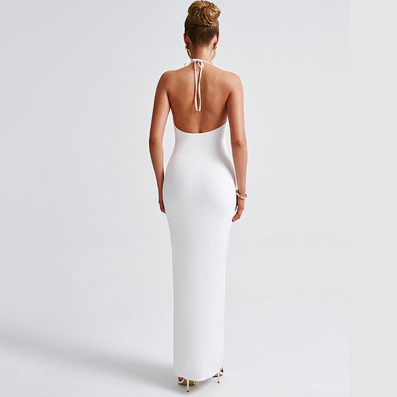 Women Summer Casua Halter Backless High Splice Solid Color Party Dress