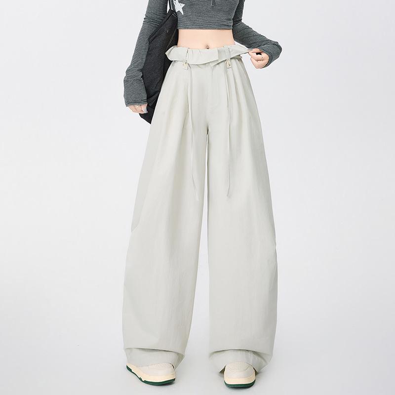 Spring 2026 Women s Ruffle High-Waisted Wide-Leg Cargo Pants - American Retro Design L бежевый