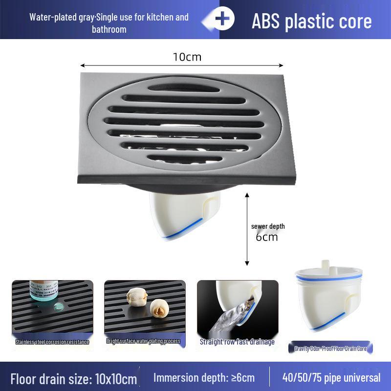 Gunmetal Gray 304 Stainless Steel Odor-Resistant Floor Drain with Copper Core for Shower & Washing Machine.