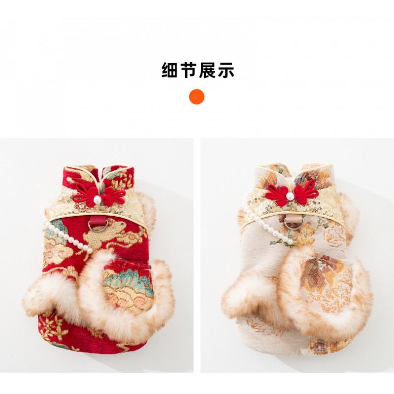 Pet Cat Dog Winter Warm Chinese Style Dress With Button Knot Design Festive New Outfit Small Pets