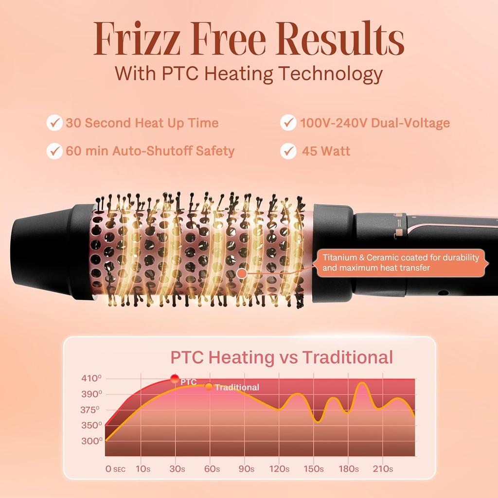 Heated Round Thermal Barrel Brush with Detachable Brush Head for Medium Curls, Loose Waves, and Volume - Travel-