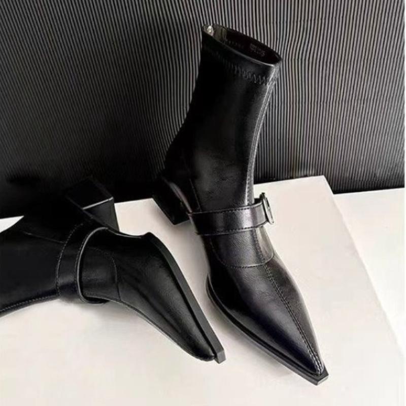 

2025 New Fall New Pointed Toe Side Zipper Metal Buckle Soft Sole Anti-slip Wear-resistant Square Heel Booties 35 чёрный