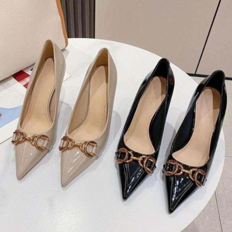 Fashion Metal Buckle Slip-on High Heels Autumn New Pointed Toe Shallow Mouth Anti-slip Wear-resistant Stiletto Shoes