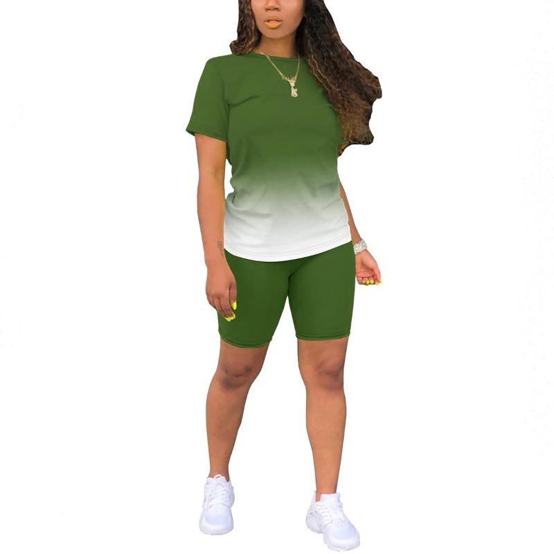 Summer 2pcs Outfits For Women Short Sleeve T-Shirts Pants Shorts Set Gradient Color Tracksuit Sportwear