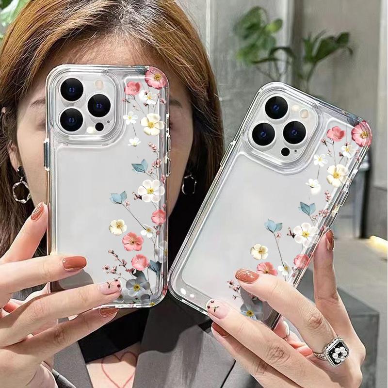 Colorful Flower Branch Transparent Phone Case for iPhone 11 12 13 14 15 16 17 Pro Max Air 16E X XS 7 8 Plus TPU Protective Cover