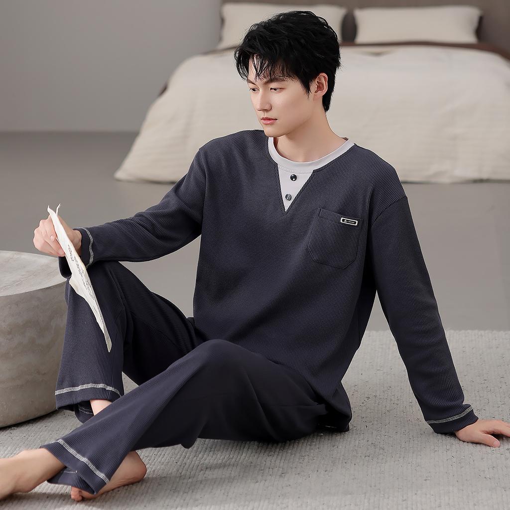Pajamas Men'S Spring And Autumn Waffle Cotton Long Sleeve Autumn Cotton Large Size Casual Loungewear Set