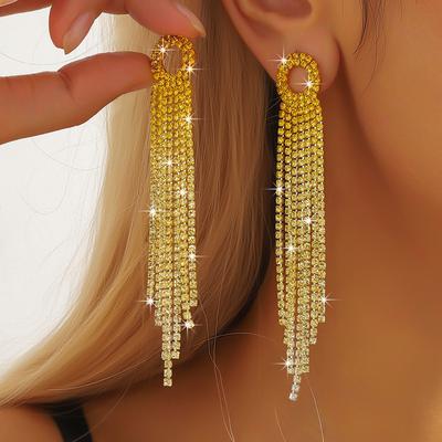 Boucles d'oreilles géométriques longues à franges en alliage et strass, photo de rue, mariée, mariage, dîner, boucles d'oreilles atmosphériques, bijoux