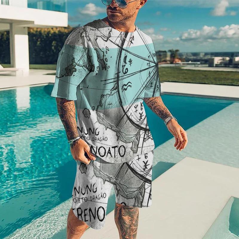 Summer Men 3D Printed Compass Casual Luxury T-Shirt Shorts Set Tracksuit Male 2 Pieces Fashion Outfit Man Clothing Jogging Suit