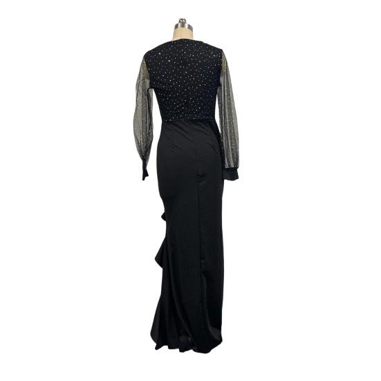 Sexy Bodycon Maxi Dress for Women V Neck Long Sleeve Mesh Sequin Dress Ruffle Side Split Wedding Guest Cocktail Party Dress