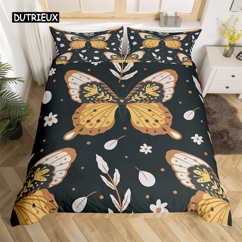 Death Moth Duvet Cover Set Queen Size Gothic Skull Boho Comforter Cover Black and White Skeleton Decorative Soft Bedding Set