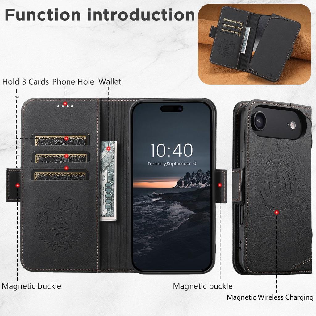 iPhone 17 Pro/Samsung Magnetic Leather Flip Case with Wireless Charging, Card Slot, and Stand