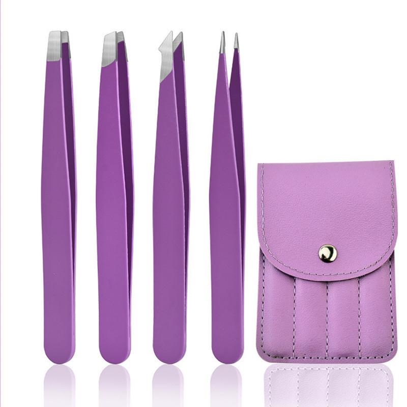 4-piece Stainless Steel Eyebrow Tweezers Purple Set Makeup Tools for Eyelash Extension, Eyebrow Shaping, Hair Removal