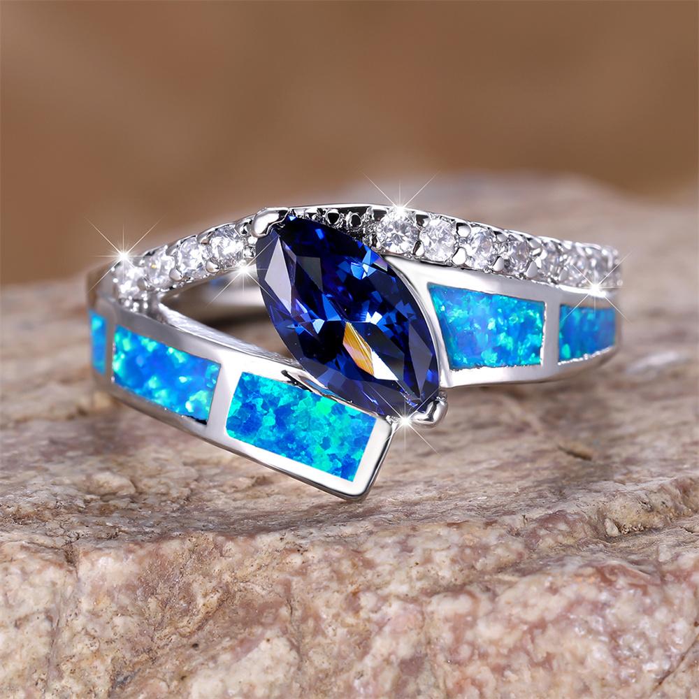 Blue Opal Geometric Crystal Marquise Stone Rings For Women Vintage CopperColor Wedding Band Engagement Jewelry Birthday Gifts
