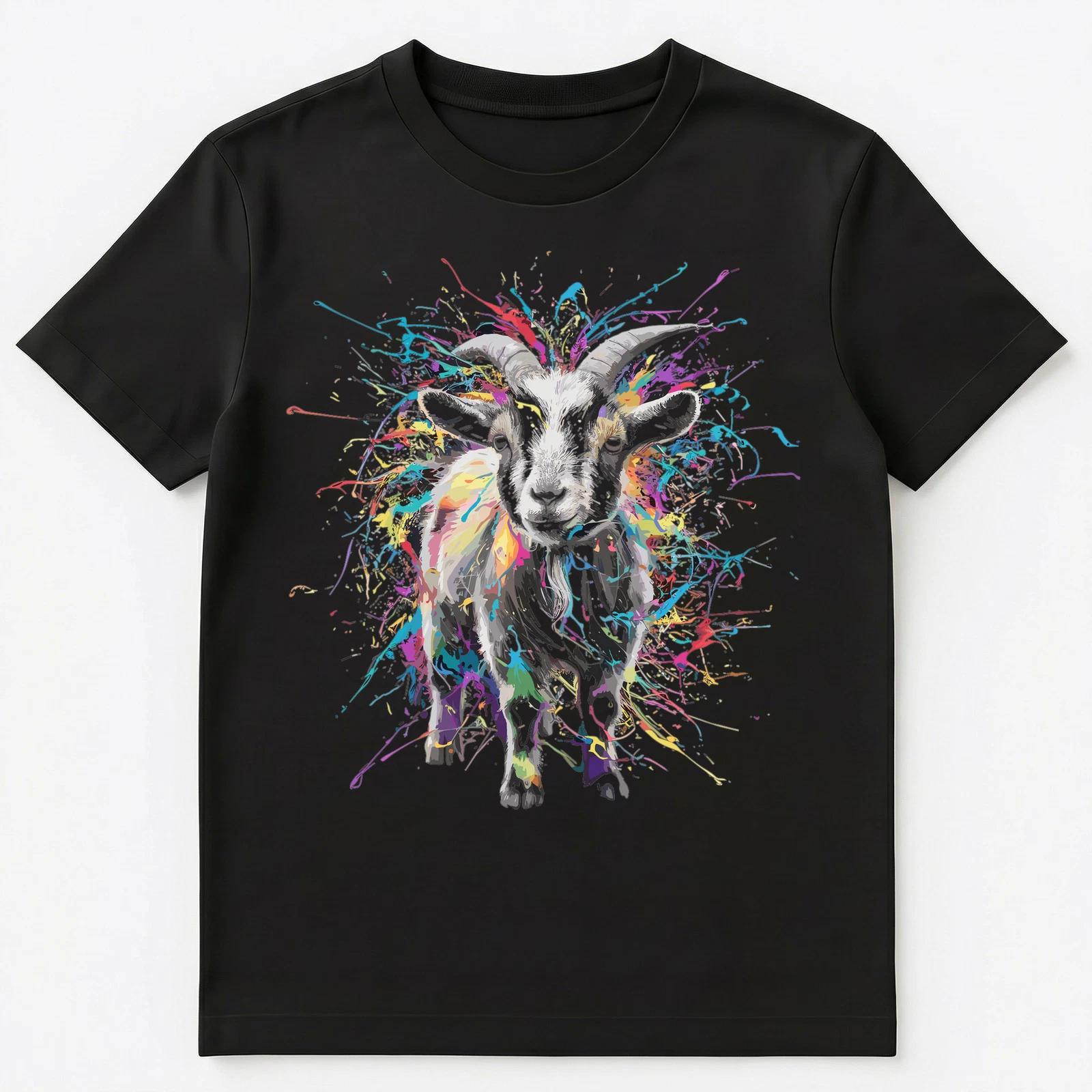 Colorful Paint Splash Cute Pygmy Goat Art Graphic Unisex T-Shirt M