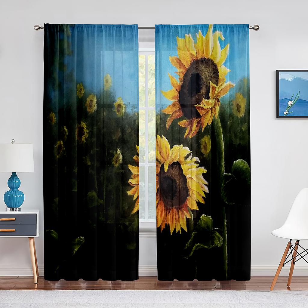 Sonnenblume Transparenter Voile Vorhang Ölgemälde Kunst Thema Bedruckte Chiffon Tüll Vorhänge für Wohnzimmer Schlafzimmer Küchendekoration