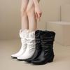 White Black Women Mid Calf Boots High Block Heel Big Size 46