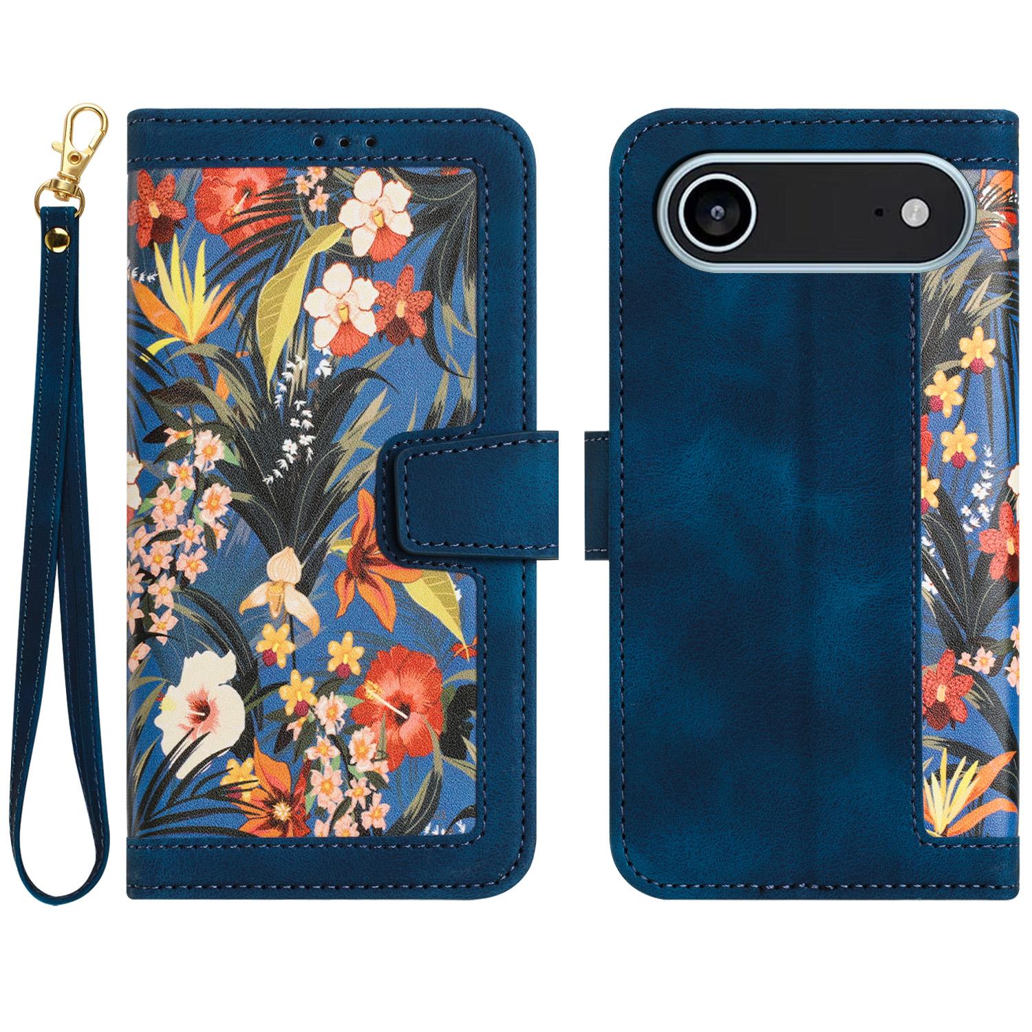 

For iPhone Air Case PU Leather Floral Phone Cover with Card Slots/Wrist Strap F